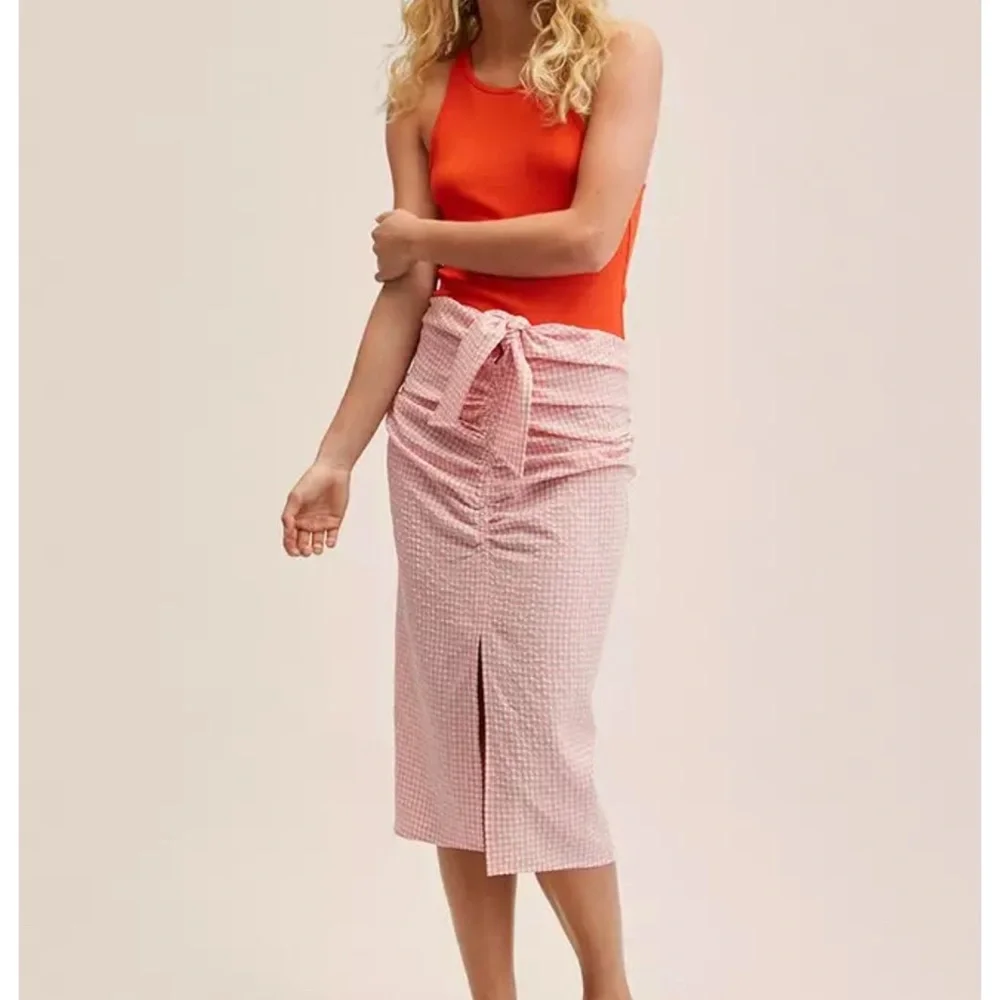 Mango Pink Checkered Midi Skirt Sz L